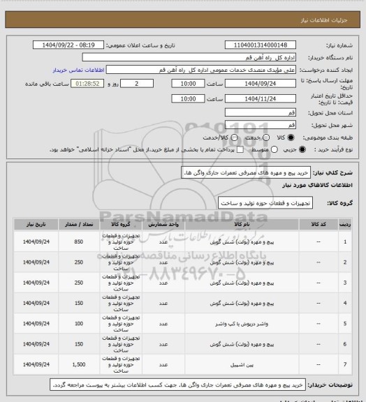 استعلام خرید پیچ و مهره های مصرفی تعمرات جاری واگن ها.