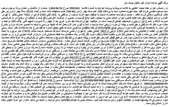 مزایده سرقفلی به  پلاک ثبتی 1293 فرعی از 7022 اصلی