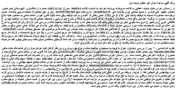 مزایده ششدانگ یکدستگاه ساختمان در 6.5 طبقه  به پلاک ثبتی  170 فرعی 3702 اصلی