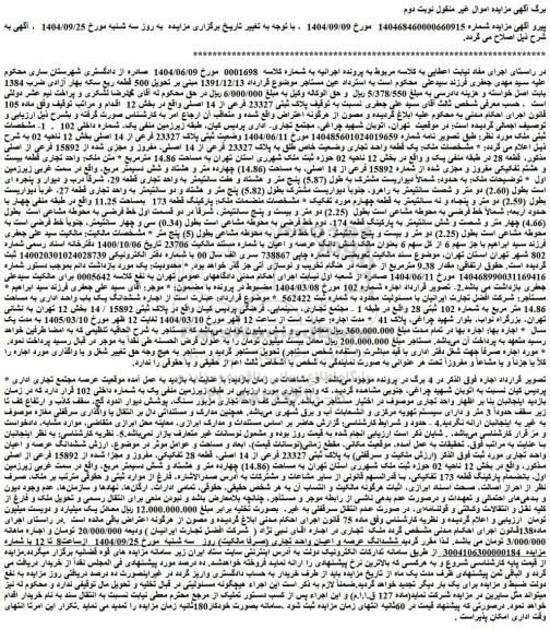 مزایده یک قطعه واحد تجاری وضعیت خاص طلق به پلاک 23327 فرعی از 14 اصلی، مفروز و مجزی شده از 15892 فرعی از اصلی 