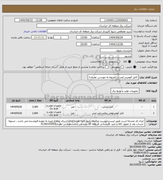 استعلام کابل آلومینی/مسی(مربوط به مهندس نظریان)