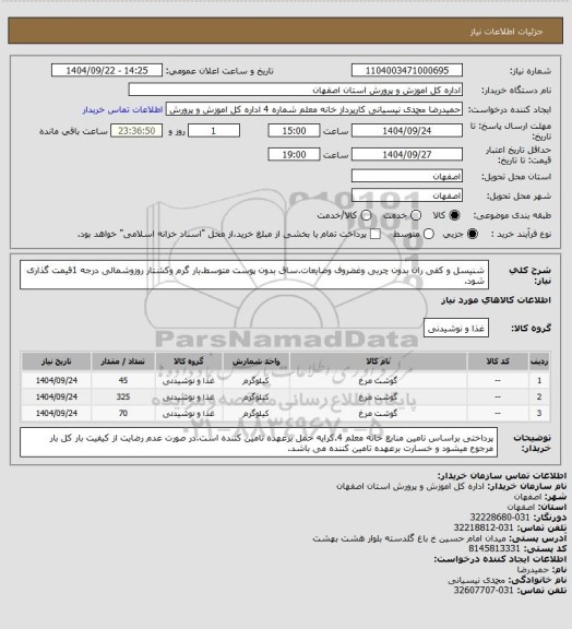 استعلام شنیسل و کفی ران بدون چربی وغضروف وضایعات.ساق بدون پوست متوسط.بار گرم وکشتار روزوشمالی درجه 1قیمت گذاری شود.