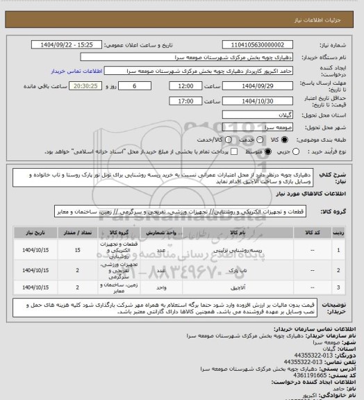 استعلام دهیاری چوبه درنظر دارد از محل اعتبارات عمرانی نسبت به خرید ریسه روشنایی برای تونل نور پارک روستا و تاب خانواده و وسایل بازی و ساخت آلاچیق اقدام نماید