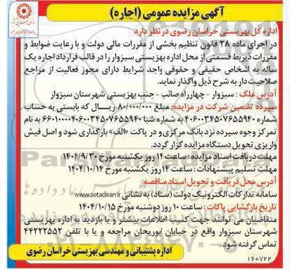 مزایده اجاره یک ساله قسمتی از محل اداره بهزیستی