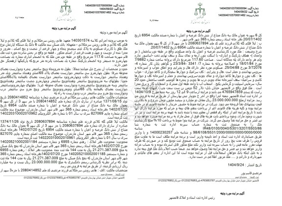 مزایده فروش 6 دانگ یک دستگاه آپارتمان نوع ملک طلق با کاربری مسکونی به پلاک ثبتی سیصد و پنجاه و چهار فرعی 