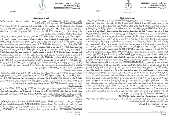 مزایده ششدانگ اعیان یک دستگاه آپارتمان مسکونی واقع در طبقه یک به پلاک ثبتی شماره 12413 فرعی از 115 اصلی 