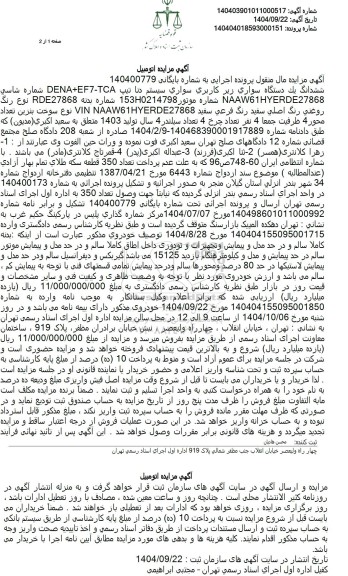 مزایده ششدانگ یک دستگاه سواری زیر کاربری سواری سیستم دنا تیپ dena+ef7-tca 