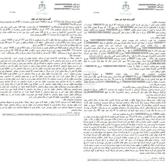 مزایده ششدانگ ملک پلاک 177 فرعی از 1430 اصلی مفروز مجزی شده از 93 فرعی 