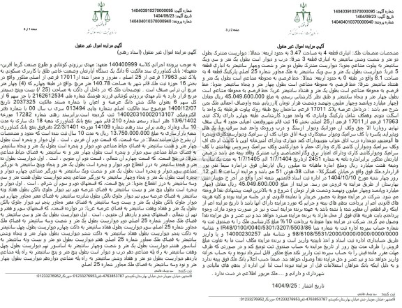 مزایده یک دستگاه آپارتمان پلاک ثبتی 17963 فرعی از 25 اصلی