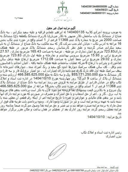 مزایده  سه دانگ مشاع از ششدانگ یک باب ساختمان تالار