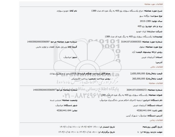 مزایده، یکدستگاه سواری پژو 405 به رنگ نقره ای مدل 1389