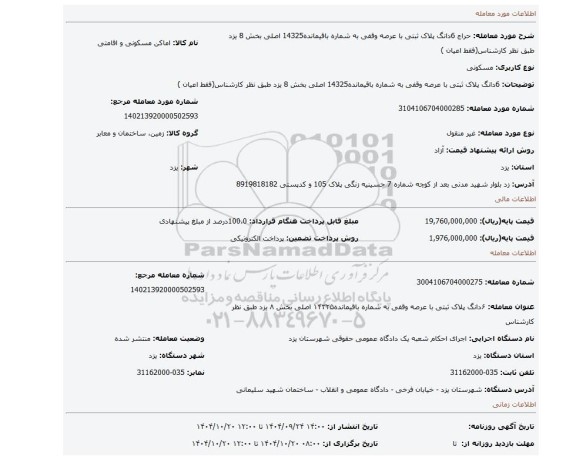 مزایده، 6دانگ پلاک ثبتی با عرصه وقفی به شماره باقیمانده14325 اصلی بخش 8 یزد طبق نظر کارشناس(فقط اعیان )