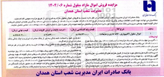 مزایده فروش اموال منقول (کامپیوتری، اثاثه اداری و ضایعات)