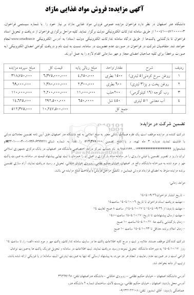 مزایده فروش مواد غذایی مازاد