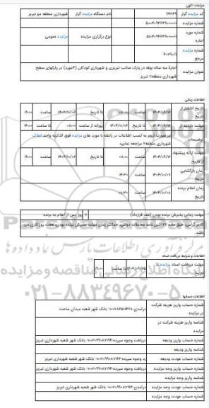 مزایده ، اجارۀ سه ساله بوفه در پارک صائب تبریزی و شهربازی کودکان (3مورد) در پارکهای سطح شهرداری منطقه2 تبریز