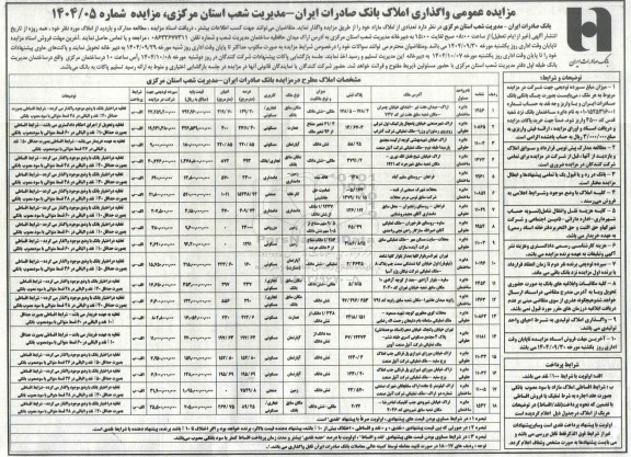 مزایده عمومی واگذاری املاک بانک صادرات ایران - مدیریت شعب استان مرکزی