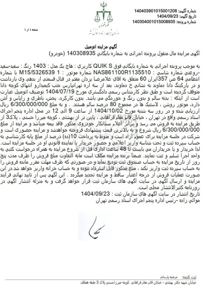 مزایده فروش خودروی سواری کوییک هاچ بک