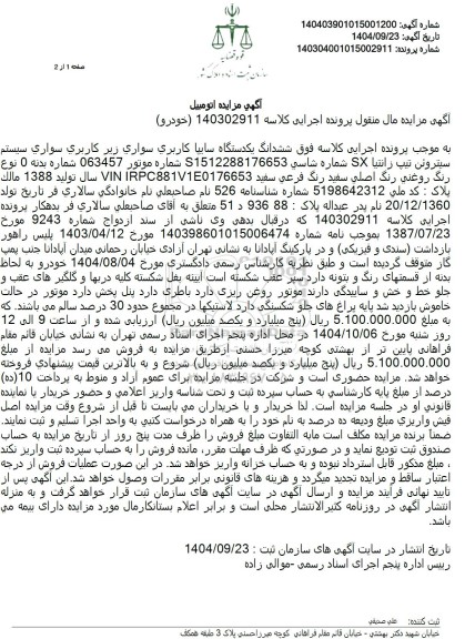 مزایده یک دستگاه خودرو سیتروئن تیپ زانتيا SX