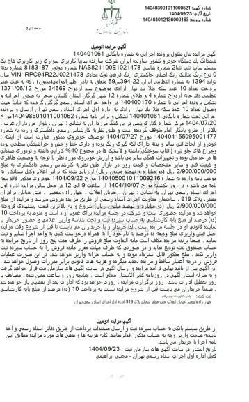 مزایده فروش سواری زیر کاربری هاچ بک سیستم سایپا تیپ تیبا 2 