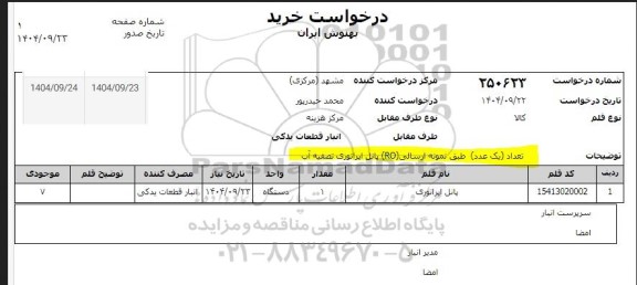 استعلام پانل اپراتوری تصفیه آب 
