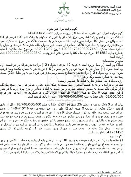 مزایده  6 دانگ عرصه و اعیان یک قطعه زمین