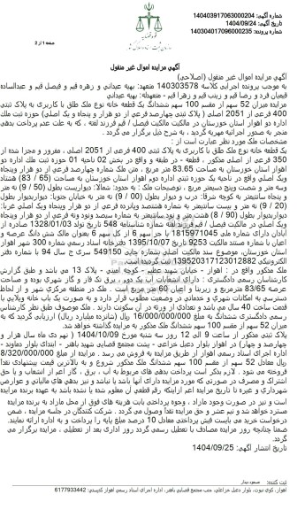 مزایده مزایده میزان 52 سهم از مقسم 100 سهم ششدانگ یک قطعه خانه