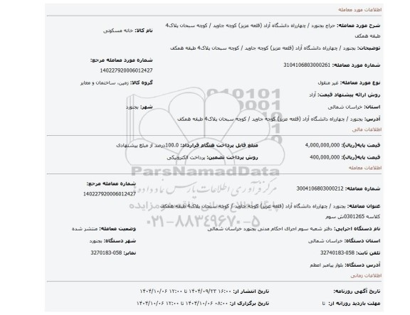 مزایده، بجنورد / چهارراه دانشگاه آزاد (قلعه عزیز) کوچه جاوید / کوچه سبحان پلاک4 طبقه همکف