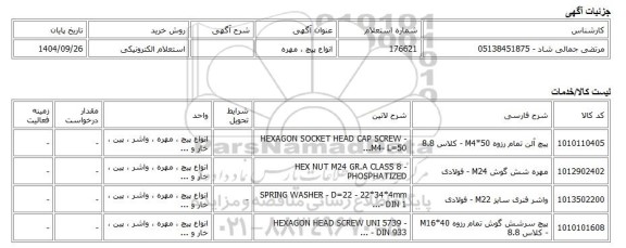 استعلام الکترونیکی، انواع پیچ ، مهره