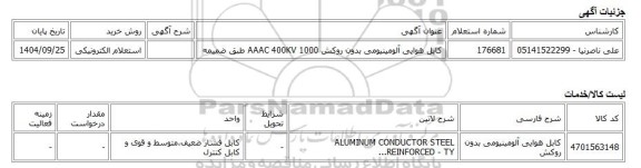 استعلام الکترونیکی، کابل هوایی آلومینیومی بدون روکش 1000 AAAC 400KV طبق ضمیمه