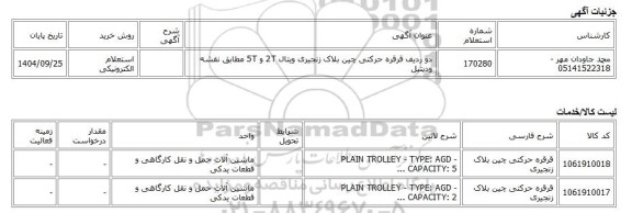 استعلام الکترونیکی، دو ردیف قرقره حرکتی چین بلاک زنجیری ویتال 2T و 5T مطابق نقشه ودیتیل