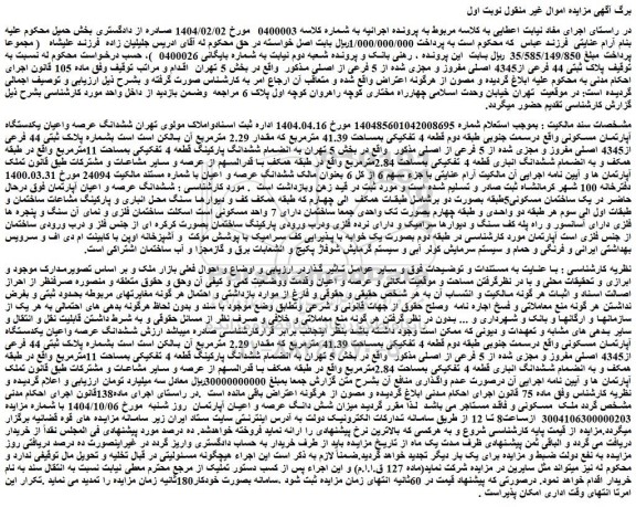 مزایده میزان شش دانگ عرصه و اعیان آپارتمان