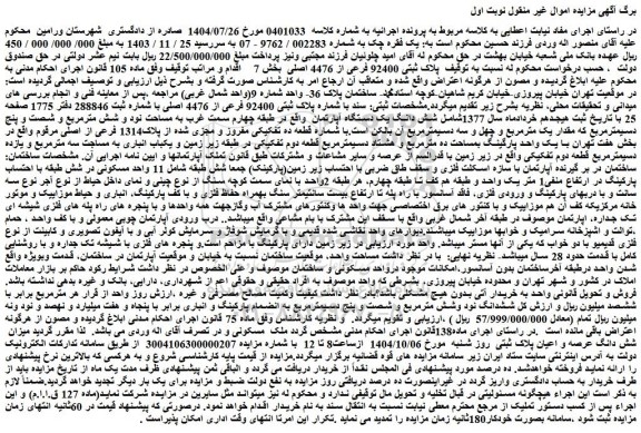 مزایده میزان شش دانگ عرصه و اعیان پلاک ثبتی ملک 