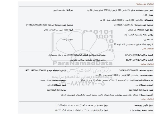مزایده، پلاک ثبتی 596 فرعی از 23918 اصلی بخش 20 یزد