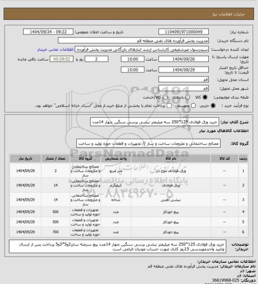 استعلام خرید ورق فولادی 125*250 سه میلیمتر نبشی پرسی سنگین چهار 14عدد