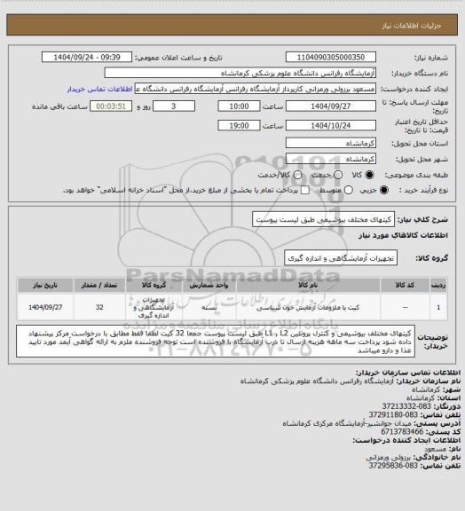 استعلام کیتهای مختلف بیوشیمی طبق لیست پیوست