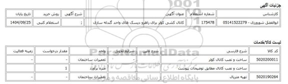 استعلام کتبی، کانال کشی کولر برای راهرو دیسک های واحد گندله سازی