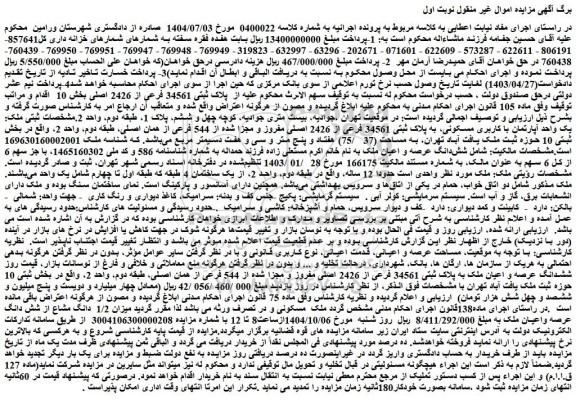 مزایده یک واحد آپارتمان با کاربری مسکونی، به پلاک ثبتی 34561 فرعی از 2426 اصلی مفروز و مجزا شده از 544 فرعی از همان اصلی، طبقه دوم