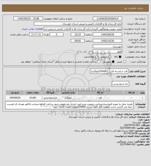 استعلام قند شکسته کارتن ((33000کیلوگرم)