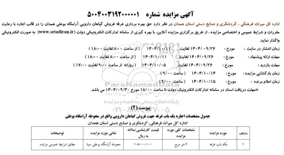 مزایده واگذاری حق بهره برداری غرفه فروش گیاهان دارویی آرامگاه بوعلی 