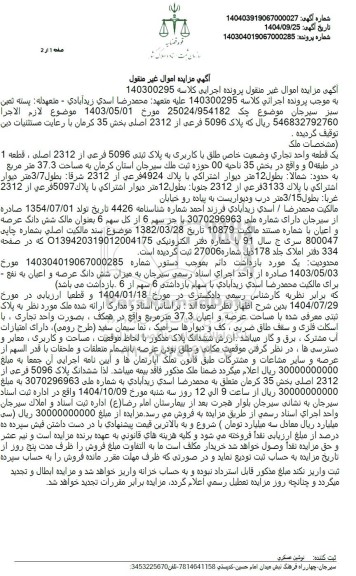 مزایده یک قطعه واحد تجاری با کاربری به پلاک ثبتی 5096 فرعی از 2312 اصلی ، قطعه 1