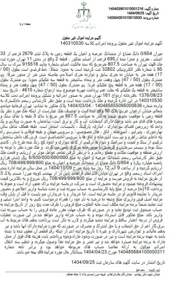 مزایده میزان 0.654 دانگ مشاع از ششدانگ عرصه و اعیان یک قطعه زمین به پلاک ثبتی 2679 فرعی از 33 اصلی
