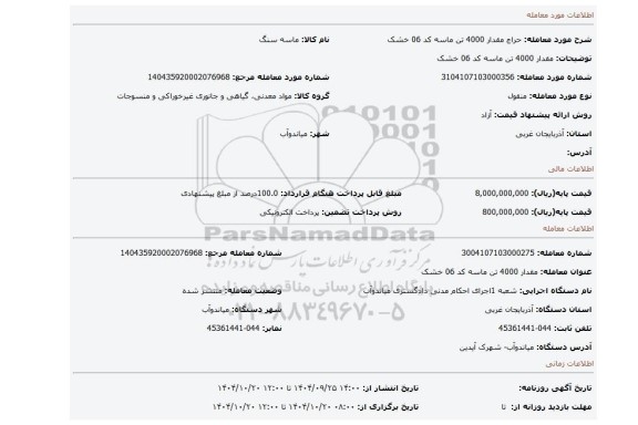 مزایده، مقدار 4000 تن ماسه کد 06 خشک