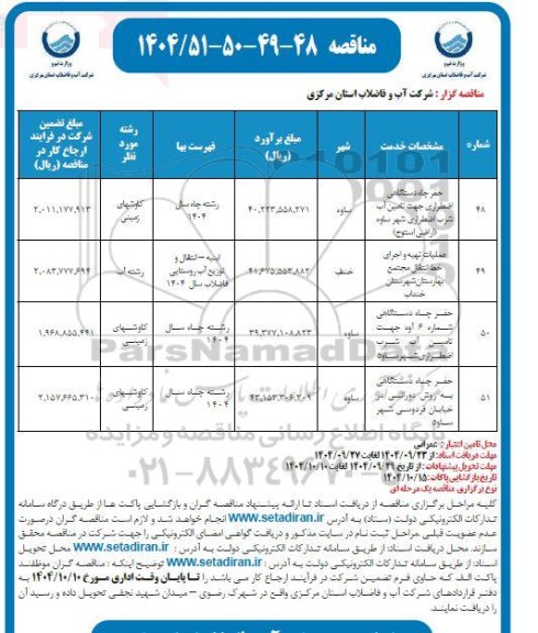 مناقصه حفر چاه دستگاهی اضطراری جهت تامین آب شرب اضطراری شهر...