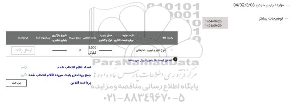 مزایده انواع تایر و تیوپ ضایعاتی 