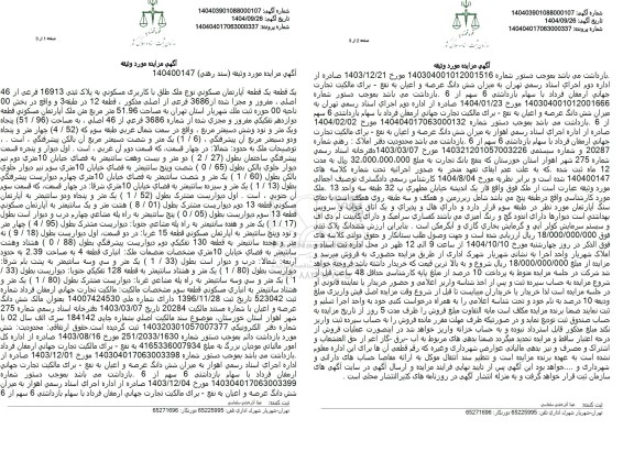 مزایده یک قطعه آپارتمان با کاربری مسکونی به پلاک ثبتی 16913 فرعی از 46 اصلی