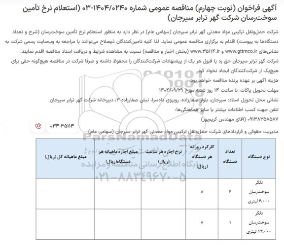 استعلام نرخ تامین سوخت رسان شرکت گهر ترابر- نوبت چهارم