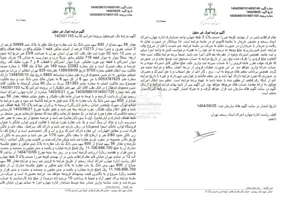 مزایده مقدار 56 سهم مشاع از 600 سهم شش دانگ یک باب مغازه نوع ملک طلق به پلاک ثبتی 30999 فرعی