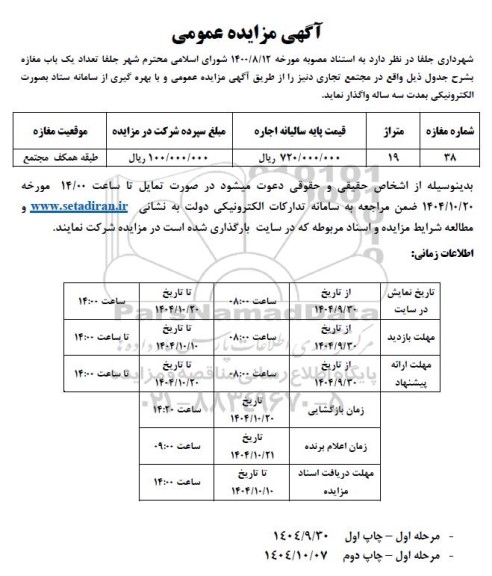 مزایده واگذاری تعداد یک باب مغازه