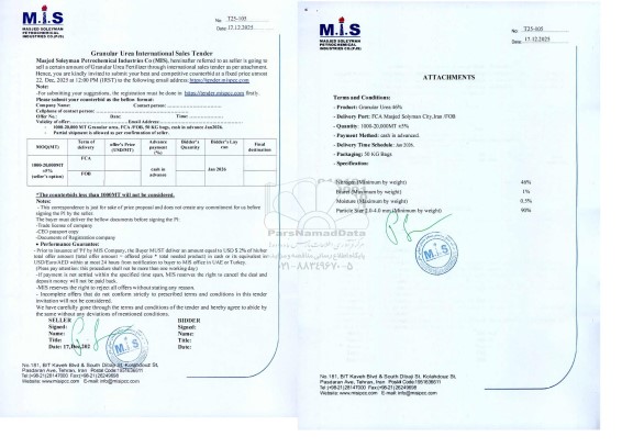 مناقصه و مزایده sell a certain amount of Granular Urea Fertilizer