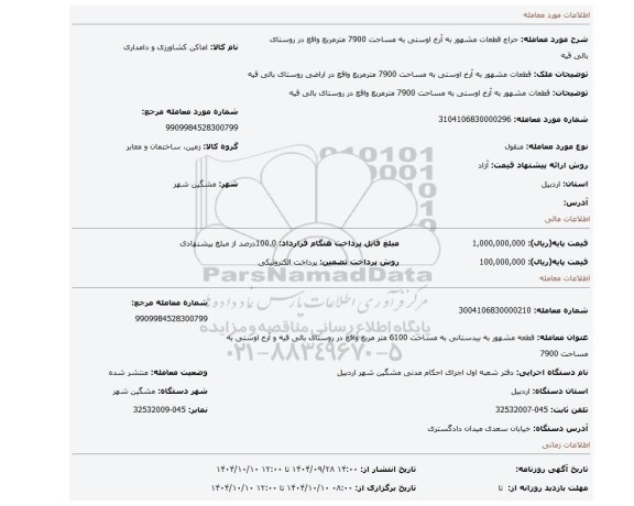 مزایده، قطعات مشهور به آرخ اوستی به مساحت 7900 مترمربع واقع در روستای بالی قیه